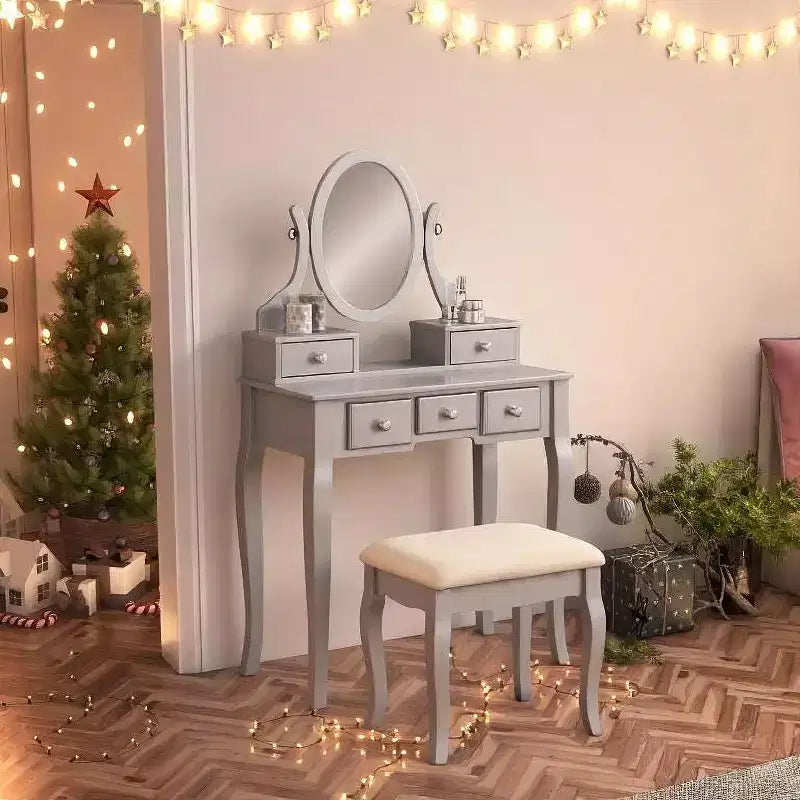 Contemporary Makeup Vanity Desk with Mirror, 5 Drawers, Matching Stool for Bedroom, White Finish, Space-Saving Design