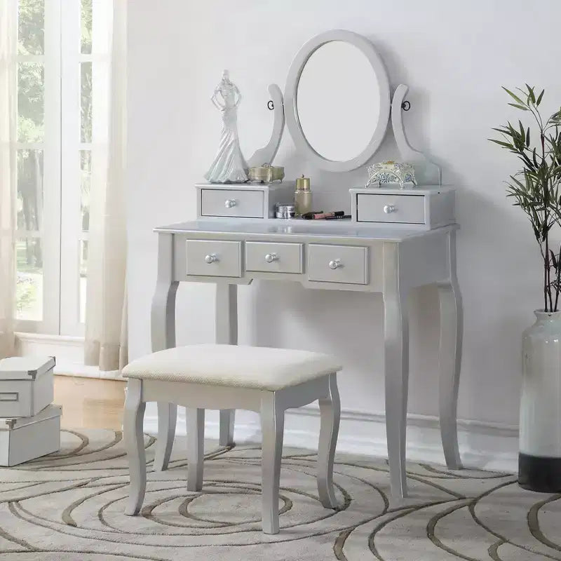 Coiffeuse contemporaine avec miroir, 5 tiroirs, tabouret assorti pour chambre, finition blanche, design peu encombrant