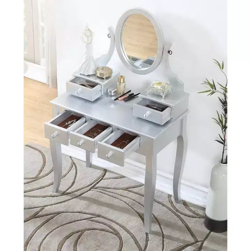 Coiffeuse contemporaine avec miroir, 5 tiroirs, tabouret assorti pour chambre, finition blanche, design peu encombrant