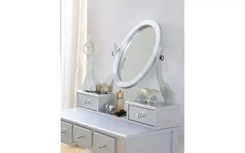 Coiffeuse contemporaine avec miroir, 5 tiroirs, tabouret assorti pour chambre, finition blanche, design peu encombrant