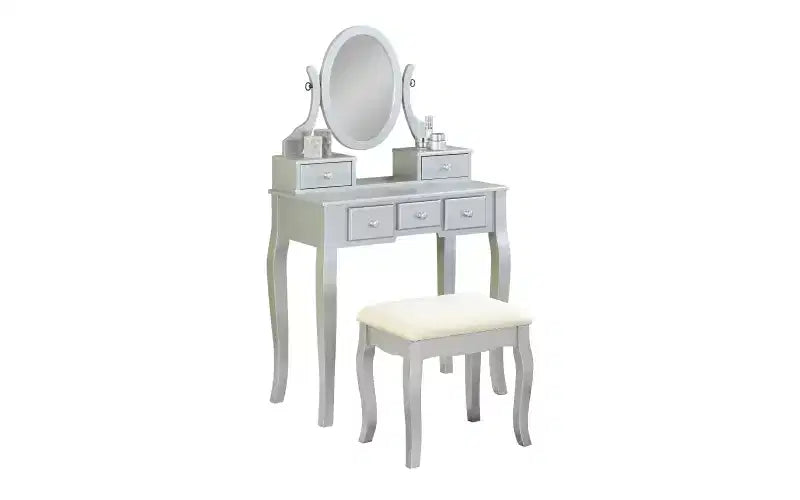 Coiffeuse contemporaine avec miroir, 5 tiroirs, tabouret assorti pour chambre, finition blanche, design peu encombrant