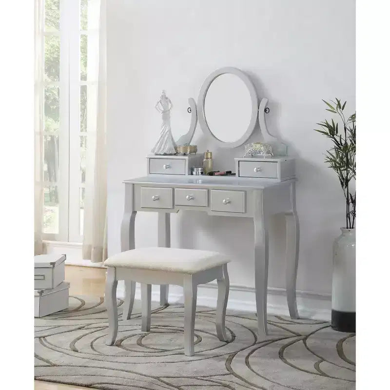Coiffeuse contemporaine avec miroir, 5 tiroirs, tabouret assorti pour chambre, finition blanche, design peu encombrant
