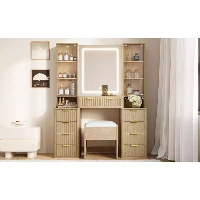 Coiffeuse contemporaine avec miroir, 5 tiroirs, tabouret assorti pour chambre, finition blanche, design peu encombrant