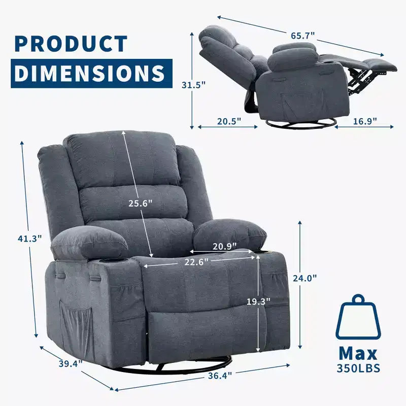 Fauteuil relax pivotant manuel à 360°, canapé planeur avec porte-gobelets et poches, fauteuil confortable pour la chambre de bébé, le salon et la chambre à coucher