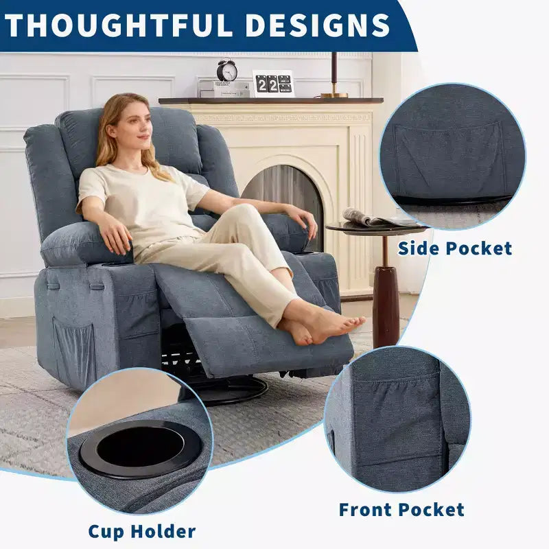 Fauteuil relax pivotant manuel à 360°, canapé planeur avec porte-gobelets et poches, fauteuil confortable pour la chambre de bébé, le salon et la chambre à coucher