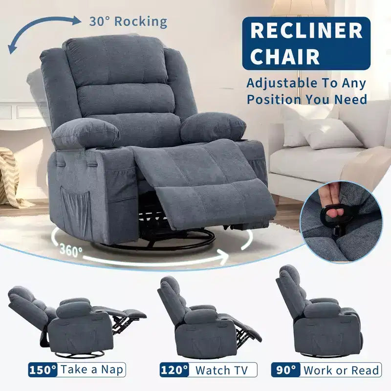 Fauteuil relax pivotant manuel à 360°, canapé planeur avec porte-gobelets et poches, fauteuil confortable pour la chambre de bébé, le salon et la chambre à coucher