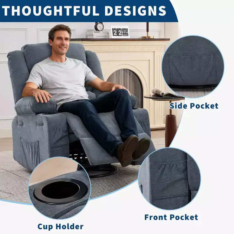 Fauteuil relax pivotant manuel à 360°, canapé planeur avec porte-gobelets et poches, fauteuil confortable pour la chambre de bébé, le salon et la chambre à coucher