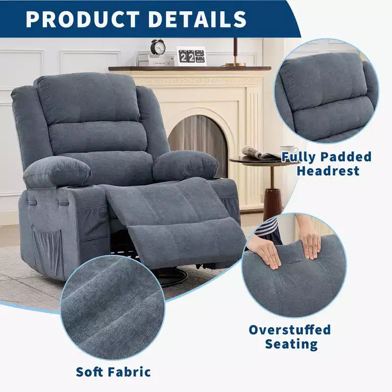 Fauteuil relax pivotant manuel à 360°, canapé planeur avec porte-gobelets et poches, fauteuil confortable pour la chambre de bébé, le salon et la chambre à coucher