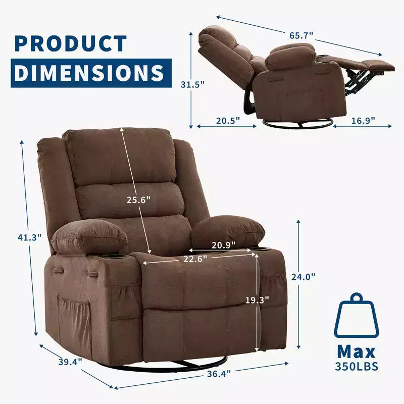 Fauteuil relax pivotant manuel à 360°, canapé planeur avec porte-gobelets et poches, fauteuil confortable pour la chambre de bébé, le salon et la chambre à coucher