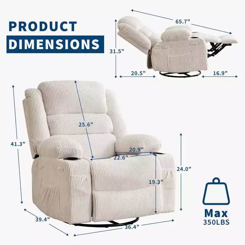 Fauteuil relax pivotant manuel à 360°, canapé planeur avec porte-gobelets et poches, fauteuil confortable pour la chambre de bébé, le salon et la chambre à coucher