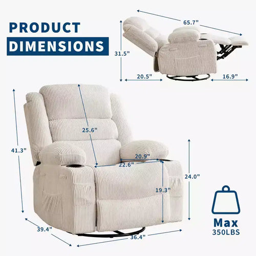 Fauteuil relax pivotant manuel à 360°, canapé planeur avec porte-gobelets et poches, fauteuil confortable pour la chambre de bébé, le salon et la chambre à coucher