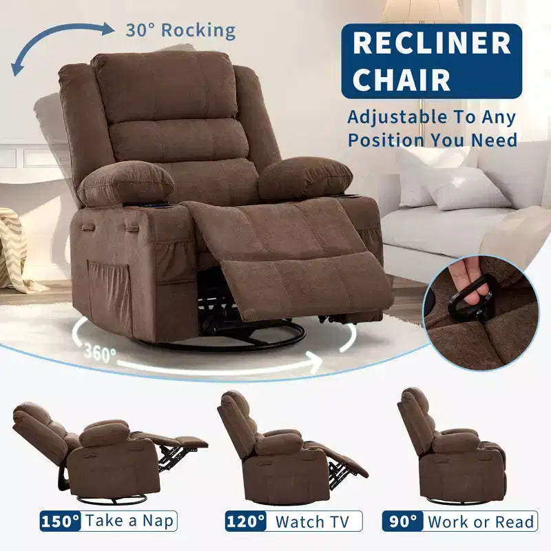 Fauteuil relax pivotant manuel à 360°, canapé planeur avec porte-gobelets et poches, fauteuil confortable pour la chambre de bébé, le salon et la chambre à coucher