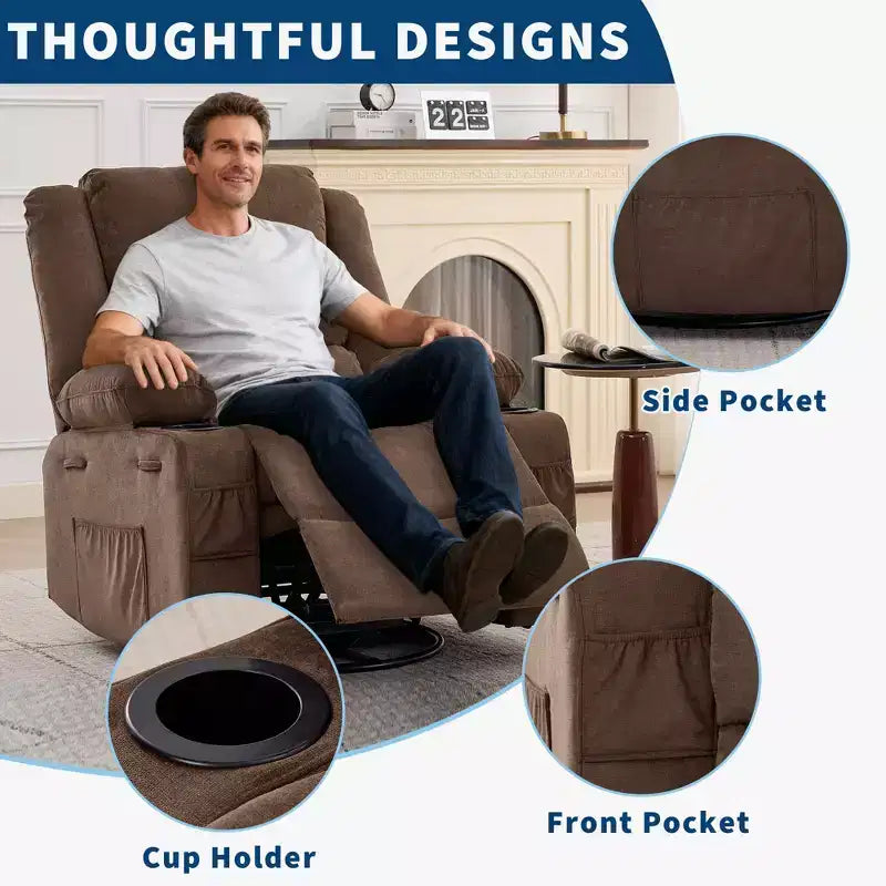 Fauteuil relax pivotant manuel à 360°, canapé planeur avec porte-gobelets et poches, fauteuil confortable pour la chambre de bébé, le salon et la chambre à coucher