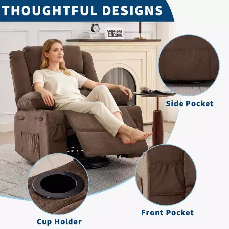 Fauteuil relax pivotant manuel à 360°, canapé planeur avec porte-gobelets et poches, fauteuil confortable pour la chambre de bébé, le salon et la chambre à coucher