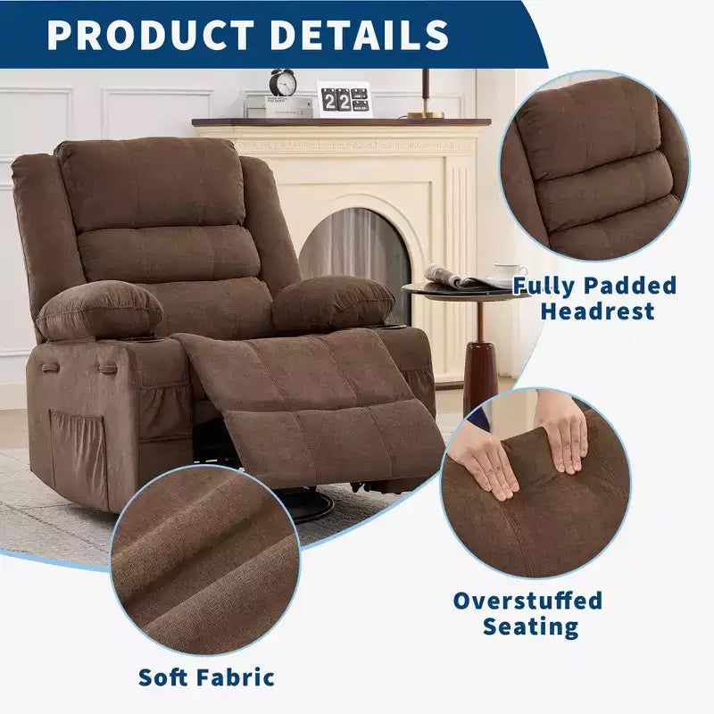 Fauteuil relax pivotant manuel à 360°, canapé planeur avec porte-gobelets et poches, fauteuil confortable pour la chambre de bébé, le salon et la chambre à coucher