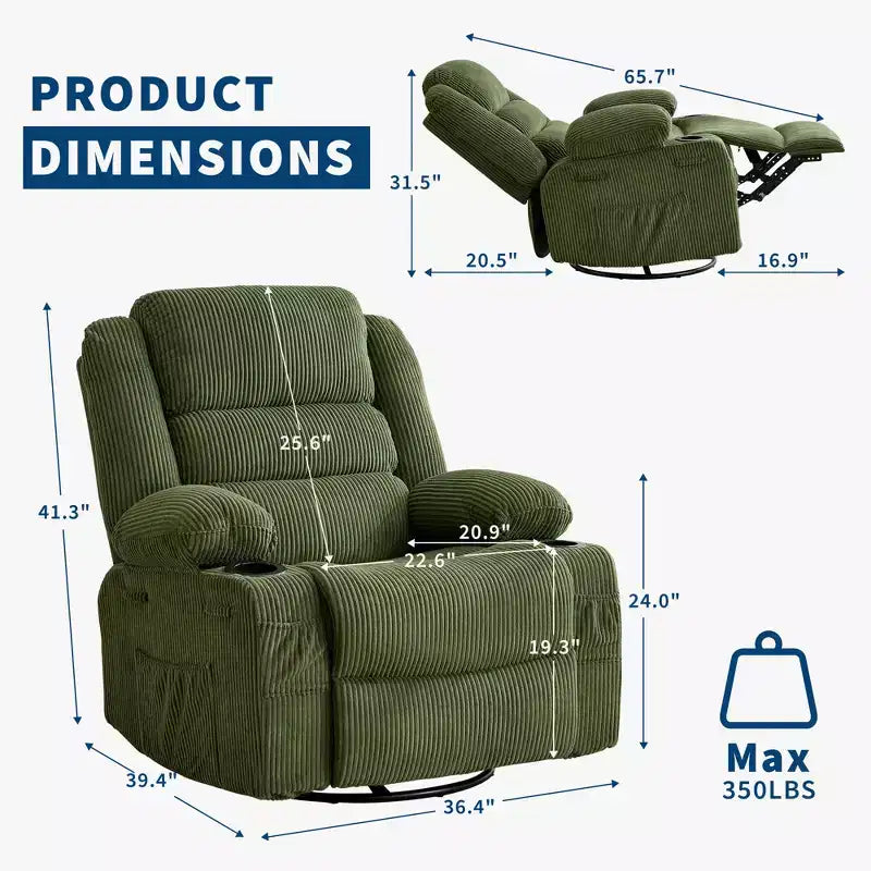 Fauteuil relax pivotant manuel à 360°, canapé planeur avec porte-gobelets et poches, fauteuil confortable pour la chambre de bébé, le salon et la chambre à coucher