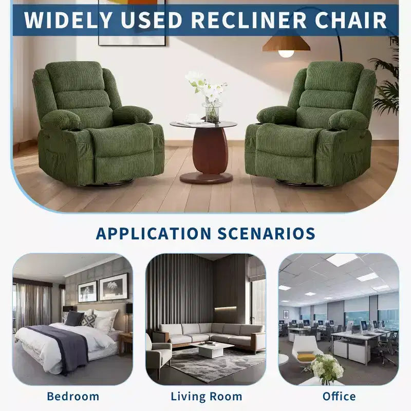 Fauteuil relax pivotant manuel à 360°, canapé planeur avec porte-gobelets et poches, fauteuil confortable pour la chambre de bébé, le salon et la chambre à coucher