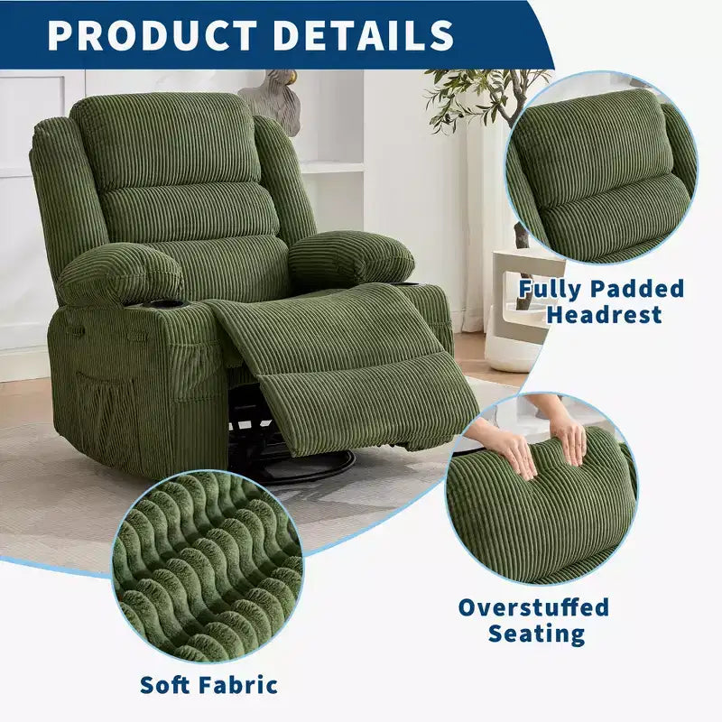 Fauteuil relax pivotant manuel à 360°, canapé planeur avec porte-gobelets et poches, fauteuil confortable pour la chambre de bébé, le salon et la chambre à coucher
