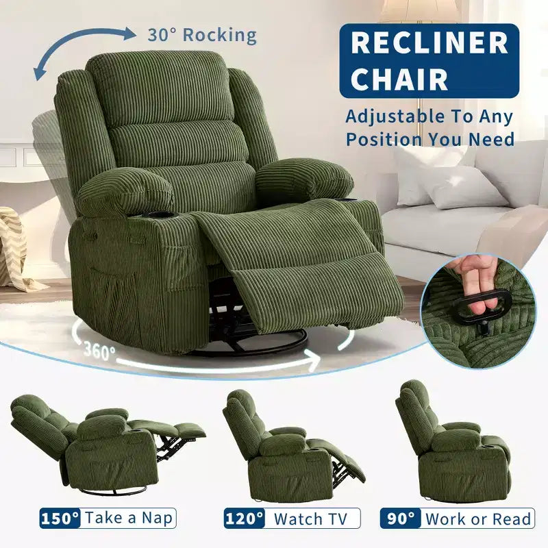 Fauteuil relax pivotant manuel à 360°, canapé planeur avec porte-gobelets et poches, fauteuil confortable pour la chambre de bébé, le salon et la chambre à coucher
