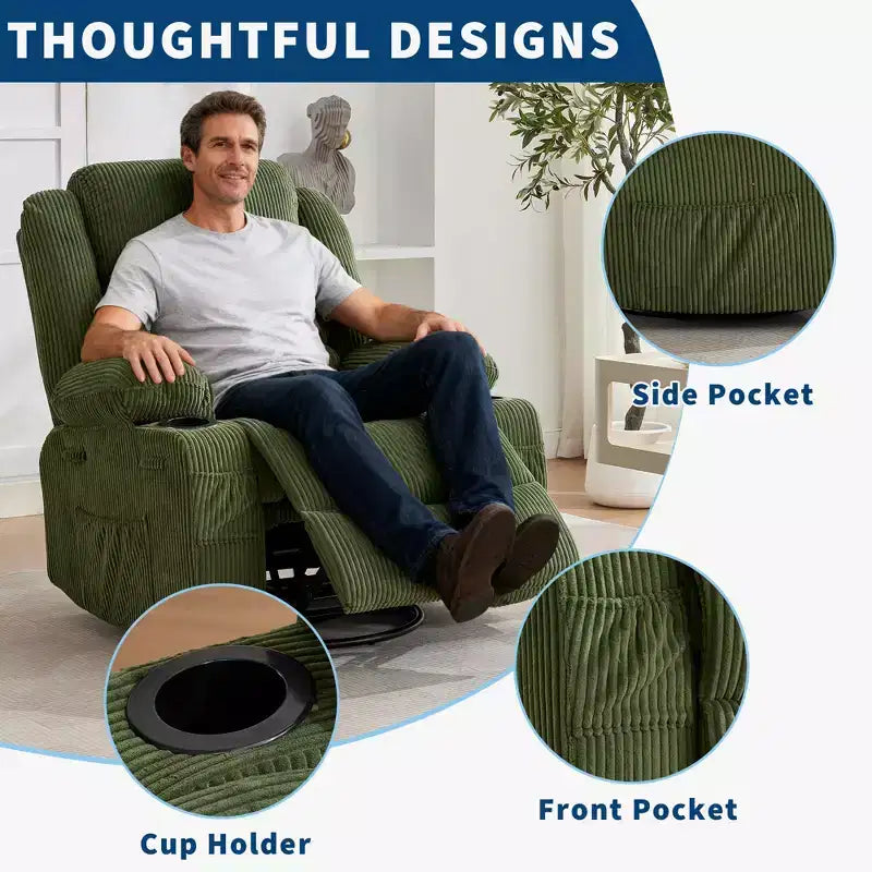 Fauteuil relax pivotant manuel à 360°, canapé planeur avec porte-gobelets et poches, fauteuil confortable pour la chambre de bébé, le salon et la chambre à coucher