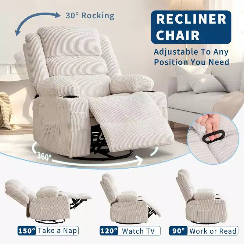 Fauteuil relax pivotant manuel à 360°, canapé planeur avec porte-gobelets et poches, fauteuil confortable pour la chambre de bébé, le salon et la chambre à coucher