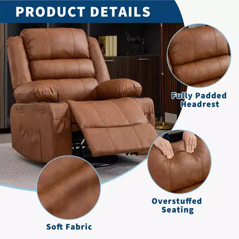 Fauteuil relax pivotant manuel à 360°, canapé planeur avec porte-gobelets et poches, fauteuil confortable pour la chambre de bébé, le salon et la chambre à coucher