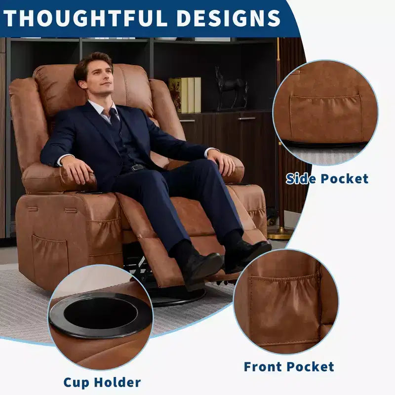 Fauteuil relax pivotant manuel à 360°, canapé planeur avec porte-gobelets et poches, fauteuil confortable pour la chambre de bébé, le salon et la chambre à coucher