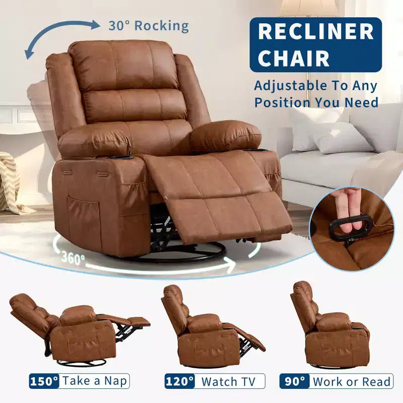 Fauteuil relax pivotant manuel à 360°, canapé planeur avec porte-gobelets et poches, fauteuil confortable pour la chambre de bébé, le salon et la chambre à coucher
