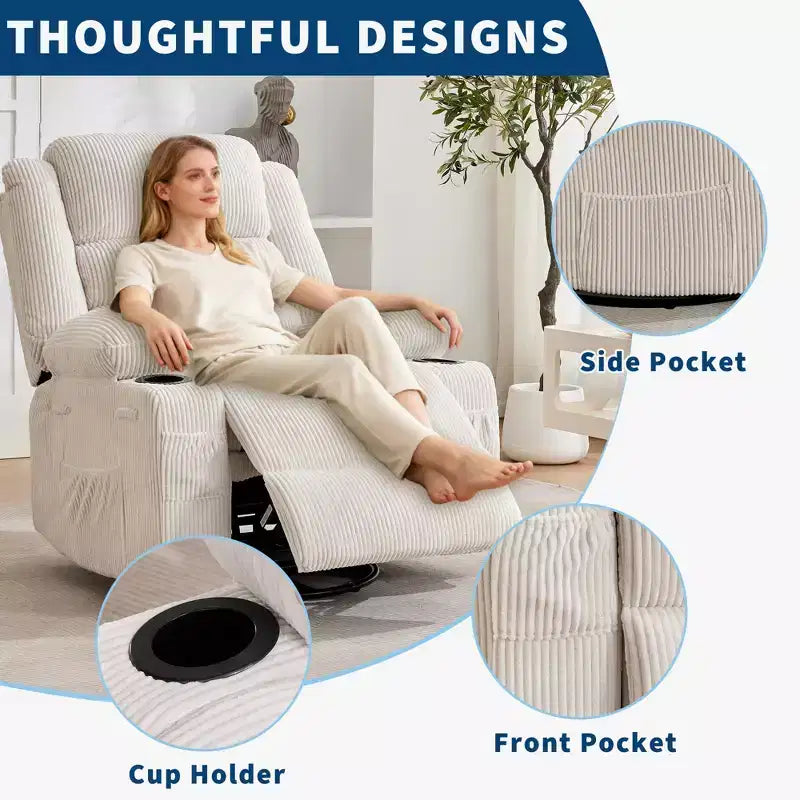 Fauteuil relax pivotant manuel à 360°, canapé planeur avec porte-gobelets et poches, fauteuil confortable pour la chambre de bébé, le salon et la chambre à coucher