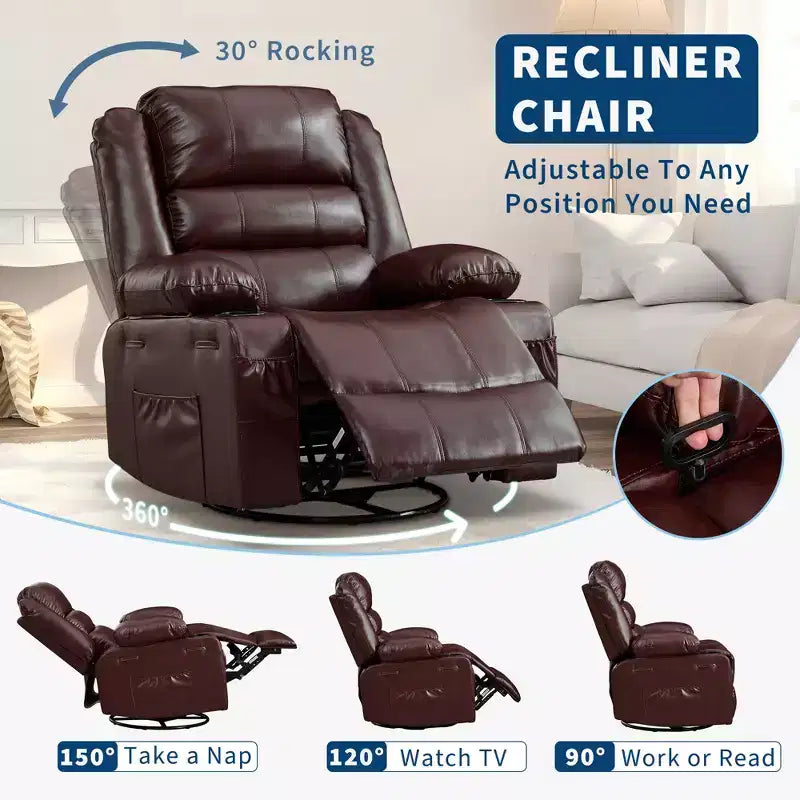 Fauteuil relax pivotant manuel à 360°, canapé planeur avec porte-gobelets et poches, fauteuil confortable pour la chambre de bébé, le salon et la chambre à coucher