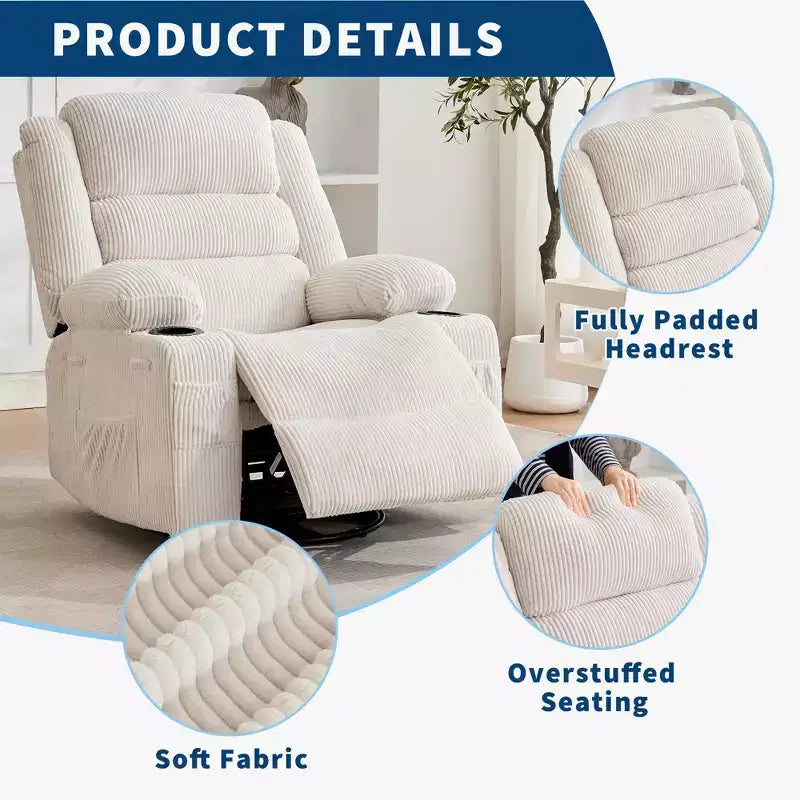 Fauteuil relax pivotant manuel à 360°, canapé planeur avec porte-gobelets et poches, fauteuil confortable pour la chambre de bébé, le salon et la chambre à coucher