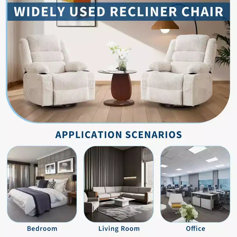 Fauteuil relax pivotant manuel à 360°, canapé planeur avec porte-gobelets et poches, fauteuil confortable pour la chambre de bébé, le salon et la chambre à coucher