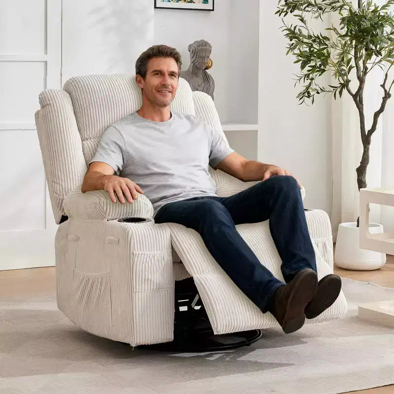 Fauteuil relax pivotant manuel à 360°, canapé planeur avec porte-gobelets et poches, fauteuil confortable pour la chambre de bébé, le salon et la chambre à coucher