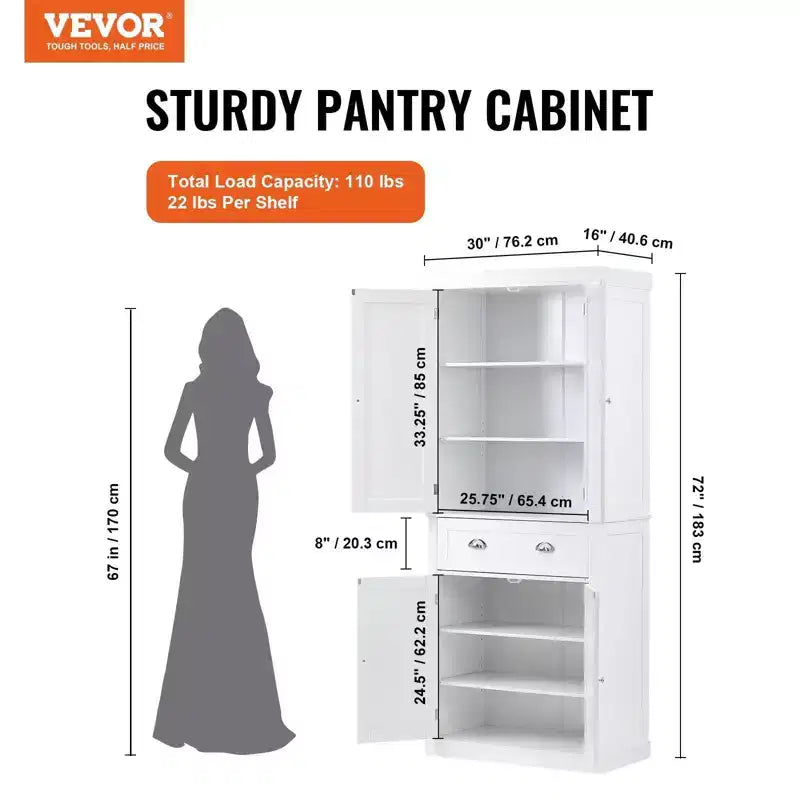 Meuble de Rangement de Cuisine, Armoire de Rangement Autoportante avec Portes, Tiroir et 3 Étagères Réglables, Blanche pour Usage Domestique