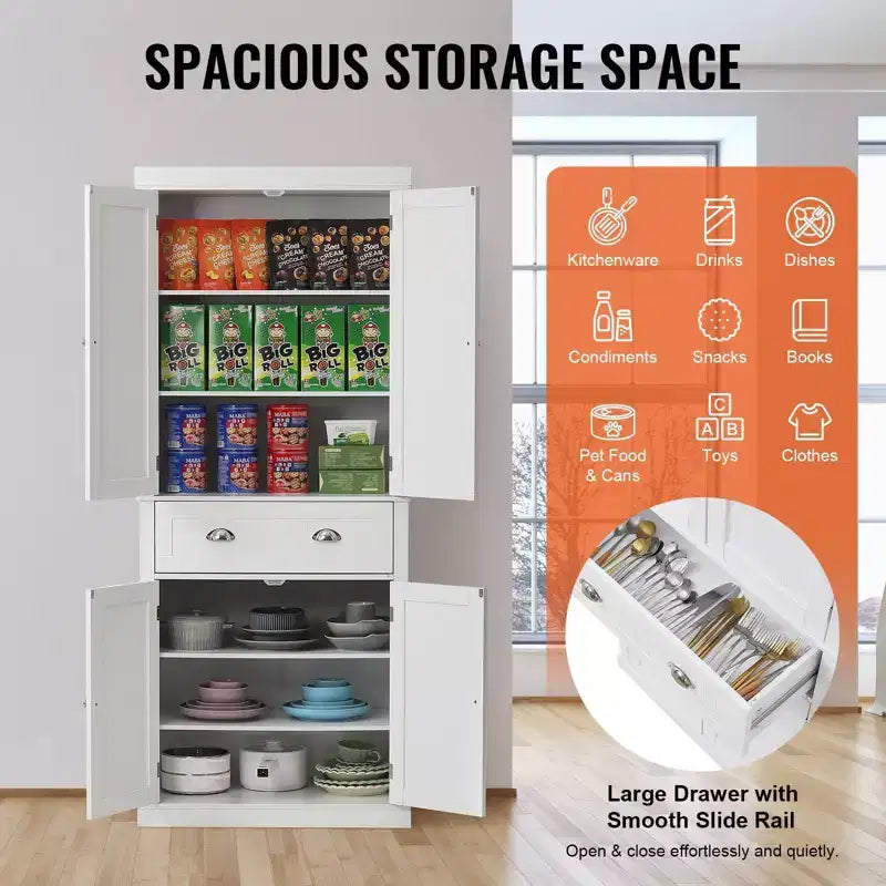 Meuble de Rangement de Cuisine, Armoire de Rangement Autoportante avec Portes, Tiroir et 3 Étagères Réglables, Blanche pour Usage Domestique