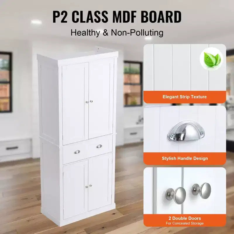 Meuble de Rangement de Cuisine, Armoire de Rangement Autoportante avec Portes, Tiroir et 3 Étagères Réglables, Blanche pour Usage Domestique