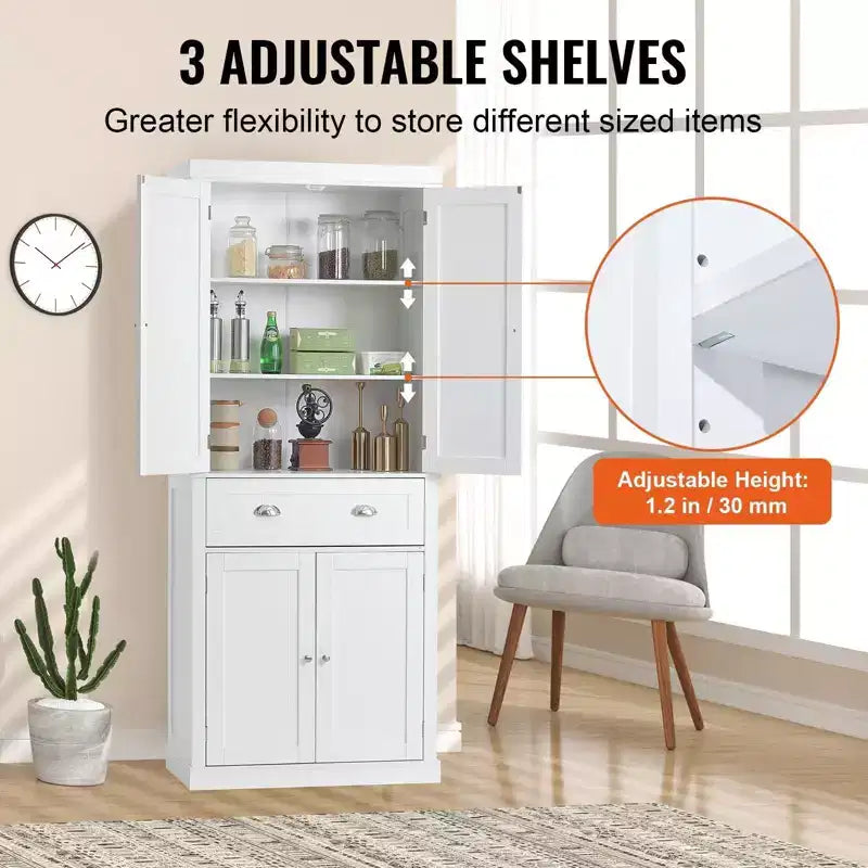 Meuble de Rangement de Cuisine, Armoire de Rangement Autoportante avec Portes, Tiroir et 3 Étagères Réglables, Blanche pour Usage Domestique