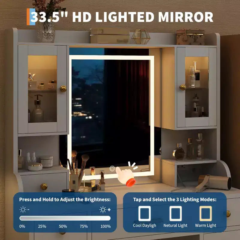 Coiffeuse avec miroir et lumières, Coiffeuse de maquillage avec 6 tiroirs, étagères de rangement, armoires RVB et 3 niveaux de luminosité réglables pour femmes et filles