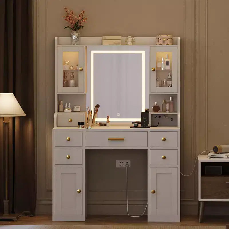 Coiffeuse avec miroir et lumières, Coiffeuse de maquillage avec 6 tiroirs, étagères de rangement, armoires RVB et 3 niveaux de luminosité réglables pour femmes et filles