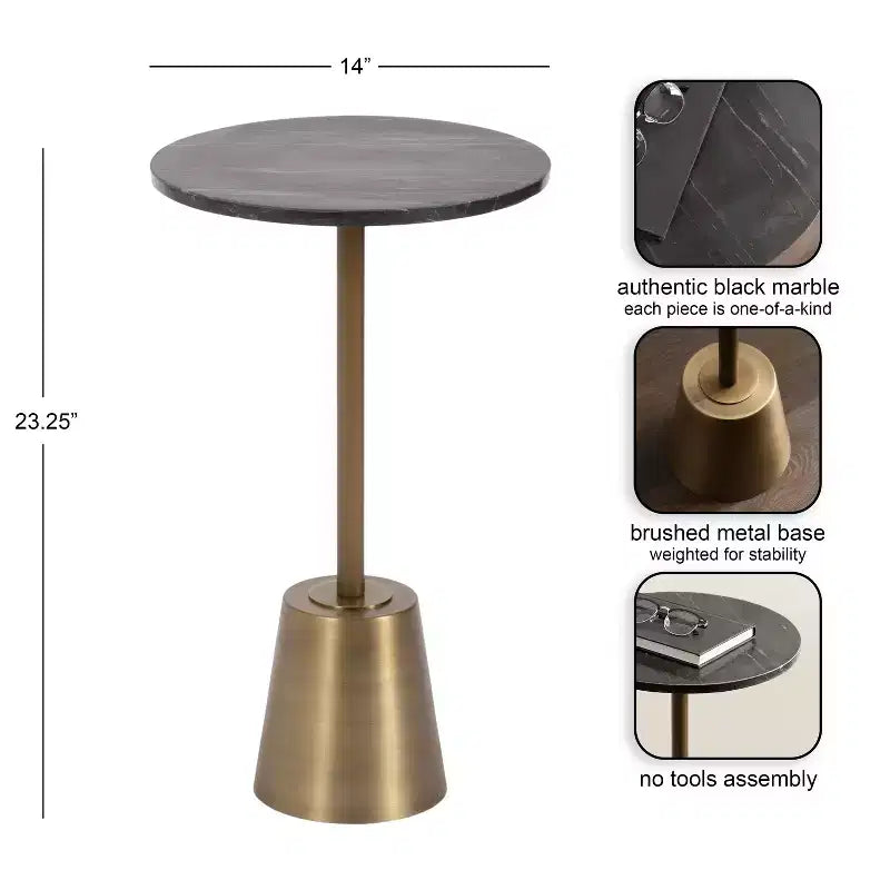 Table d'appoint ronde en marbre et métal, noire, 14x14x24
