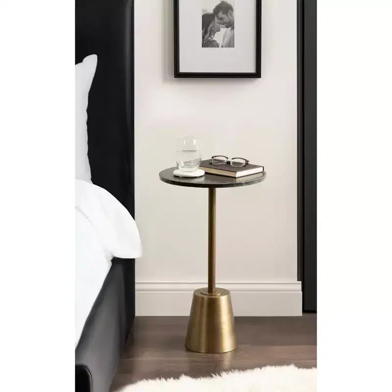 Table d'appoint ronde en marbre et métal, noire, 14x14x24
