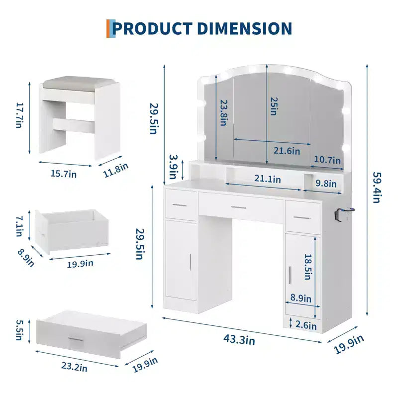 Table de Coiffeuse avec Miroir Éclairé, Table de Maquillage avec 3 Tiroirs et Multiprise pour Filles et Femmes