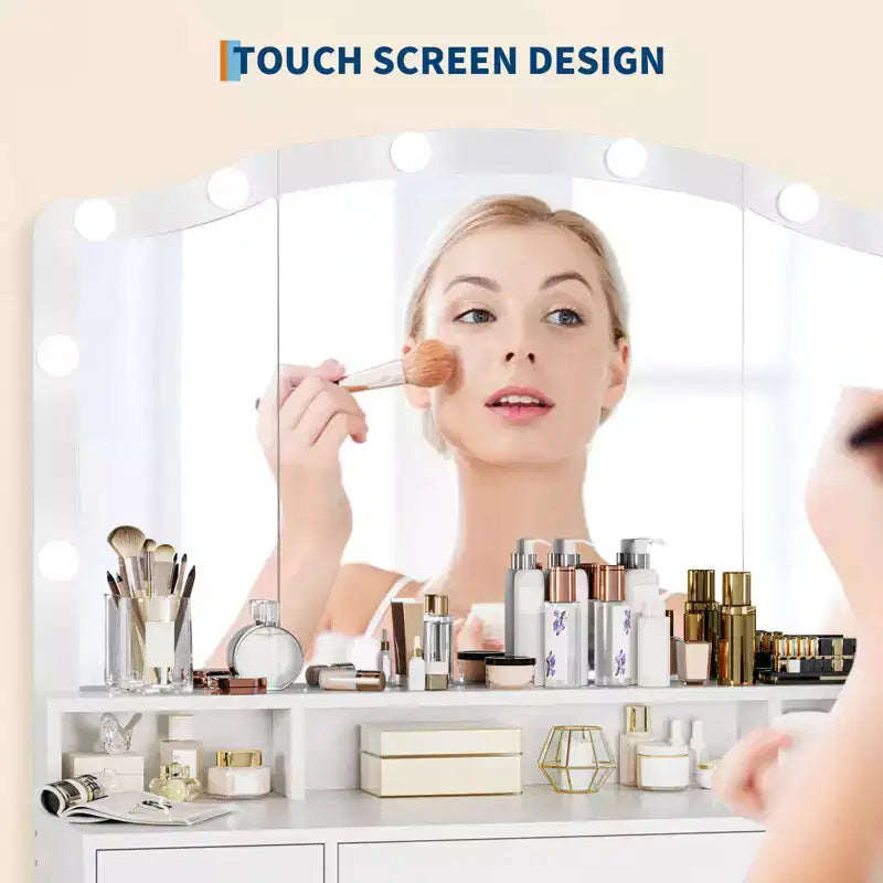 Table de Coiffeuse avec Miroir Éclairé, Table de Maquillage avec 3 Tiroirs et Multiprise pour Filles et Femmes