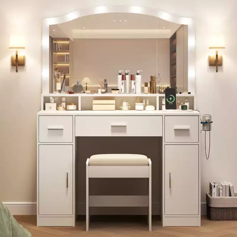 Table de Coiffeuse avec Miroir Éclairé, Table de Maquillage avec 3 Tiroirs et Multiprise pour Filles et Femmes