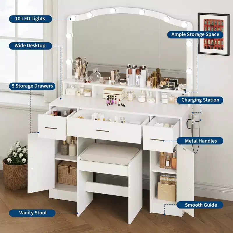 Table de Coiffeuse avec Miroir Éclairé, Table de Maquillage avec 3 Tiroirs et Multiprise pour Filles et Femmes