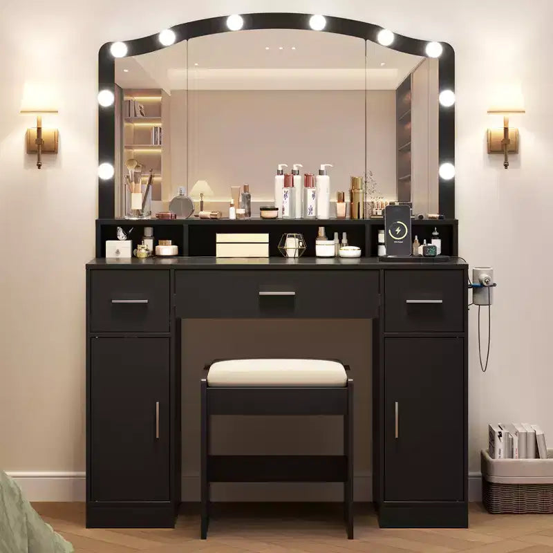 Table de Coiffeuse avec Miroir Éclairé, Table de Maquillage avec 3 Tiroirs et Multiprise pour Filles et Femmes