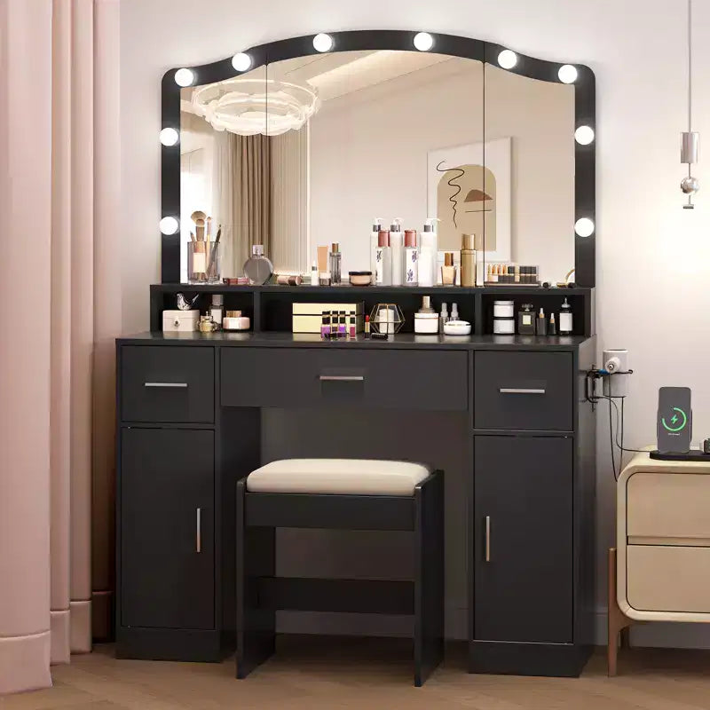 Table de Coiffeuse avec Miroir Éclairé, Table de Maquillage avec 3 Tiroirs et Multiprise pour Filles et Femmes