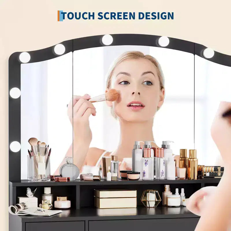 Table de Coiffeuse avec Miroir Éclairé, Table de Maquillage avec 3 Tiroirs et Multiprise pour Filles et Femmes