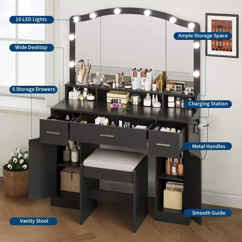 Table de Coiffeuse avec Miroir Éclairé, Table de Maquillage avec 3 Tiroirs et Multiprise pour Filles et Femmes