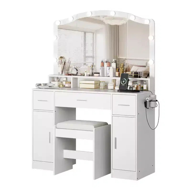 Table de Coiffeuse avec Miroir Éclairé, Table de Maquillage avec 3 Tiroirs et Multiprise pour Filles et Femmes